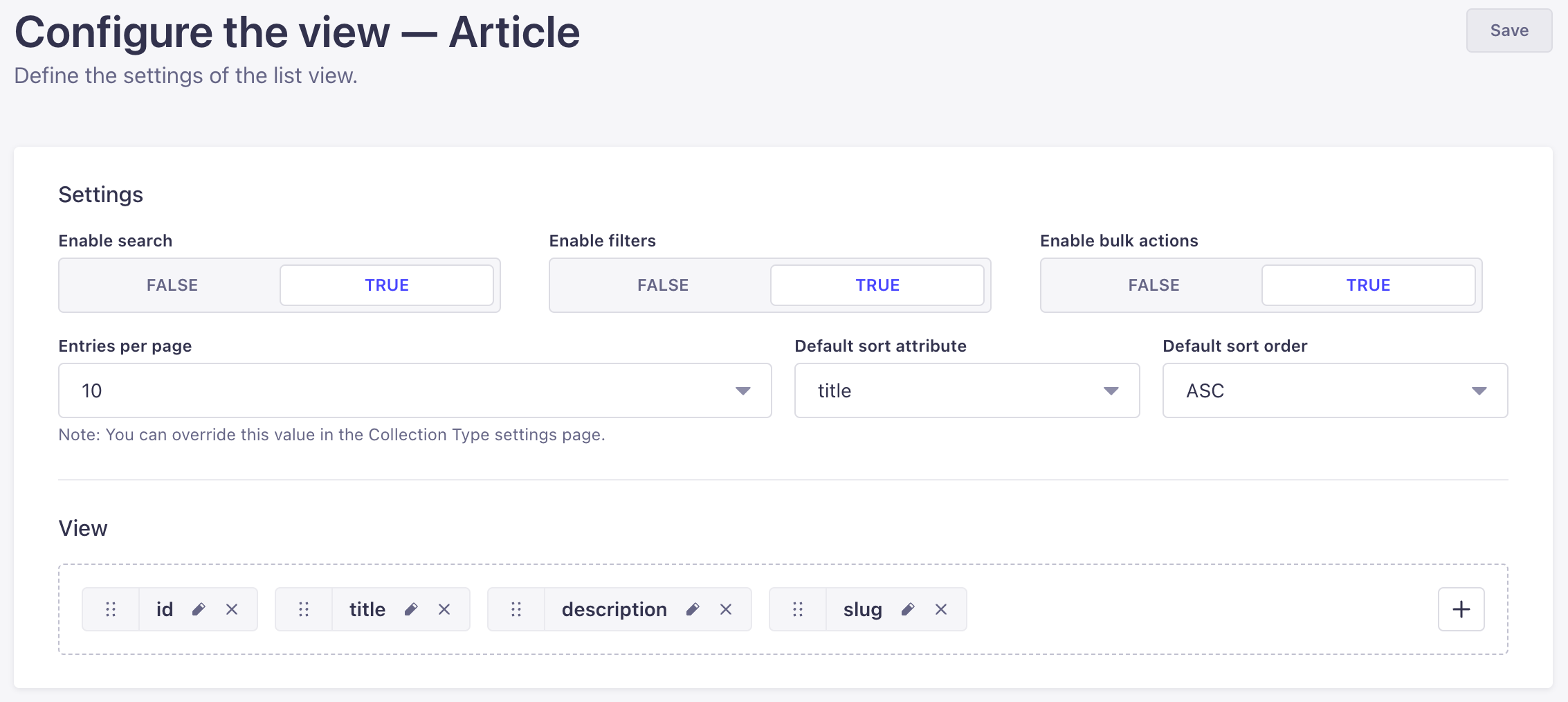 Settings of a list view in the Content Manager